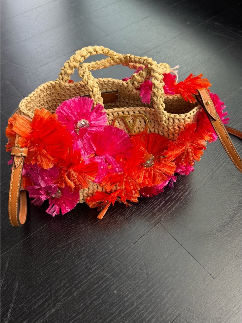 Valentino Garavani Raffia shopping Tote bagwith Pink and Orange Floral summer - Picture 8 of 9